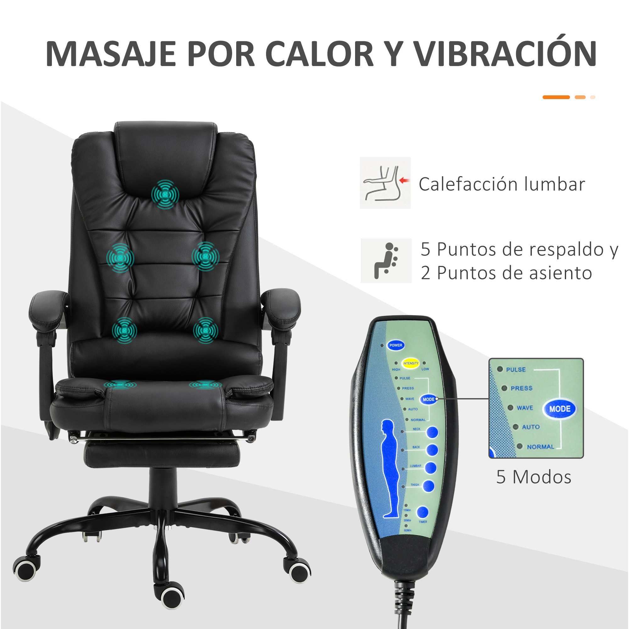 Silla de Oficina con 7 Puntos de Masaje Silla de Masaje Giratoria Silla de Escritorio con Reposapiés Retráctil Altura Ajustable Control Remoto y Tejido de PU Negro