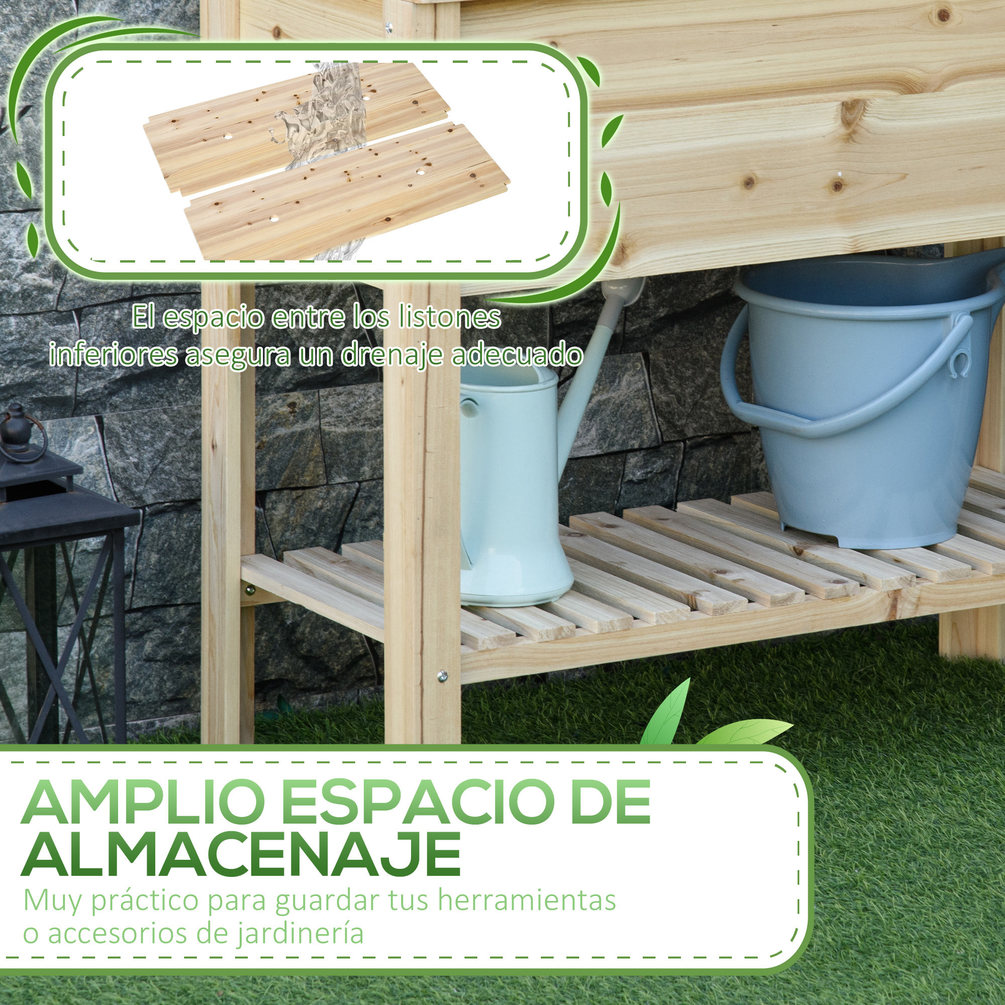 Outsunny Huerto Urbano Elevado con Estante Mesa Jardinera de Cultivo de Madera con Tela no Tejida para Cultivos Plantas Flores Jardín 90x40x81 cm Natural