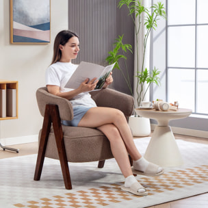 Butaca de Salón Tapizada en Borreguito, Sillón de Lectura Acolchado Grueso y Moderno, Asiento Ancho, Patas de Madera, Respaldo Curvado, para Dormitorio, Oficina, Marrón Claro
