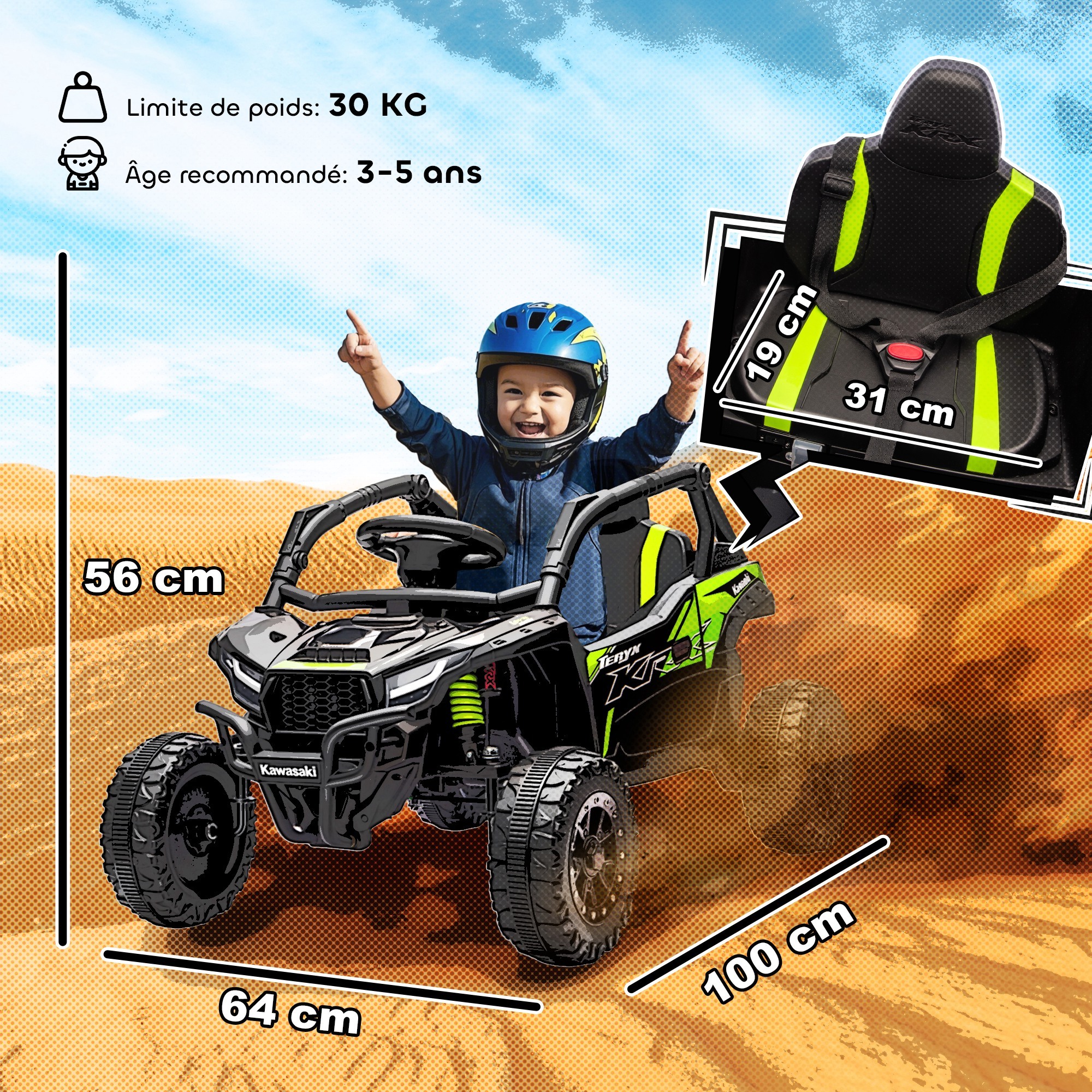 Buggy Kawasaki teryx KRX 1000 12V 2 moteurs 25W télécommande effets sonores lumineux vert
