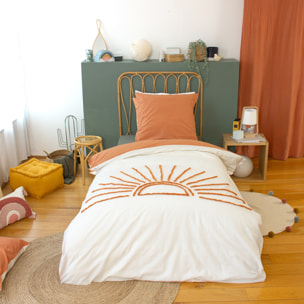 Parure de lit coton tufté réversible imprimé soleil blanc/terracotta 1 place 140 x 200cm SOLINO