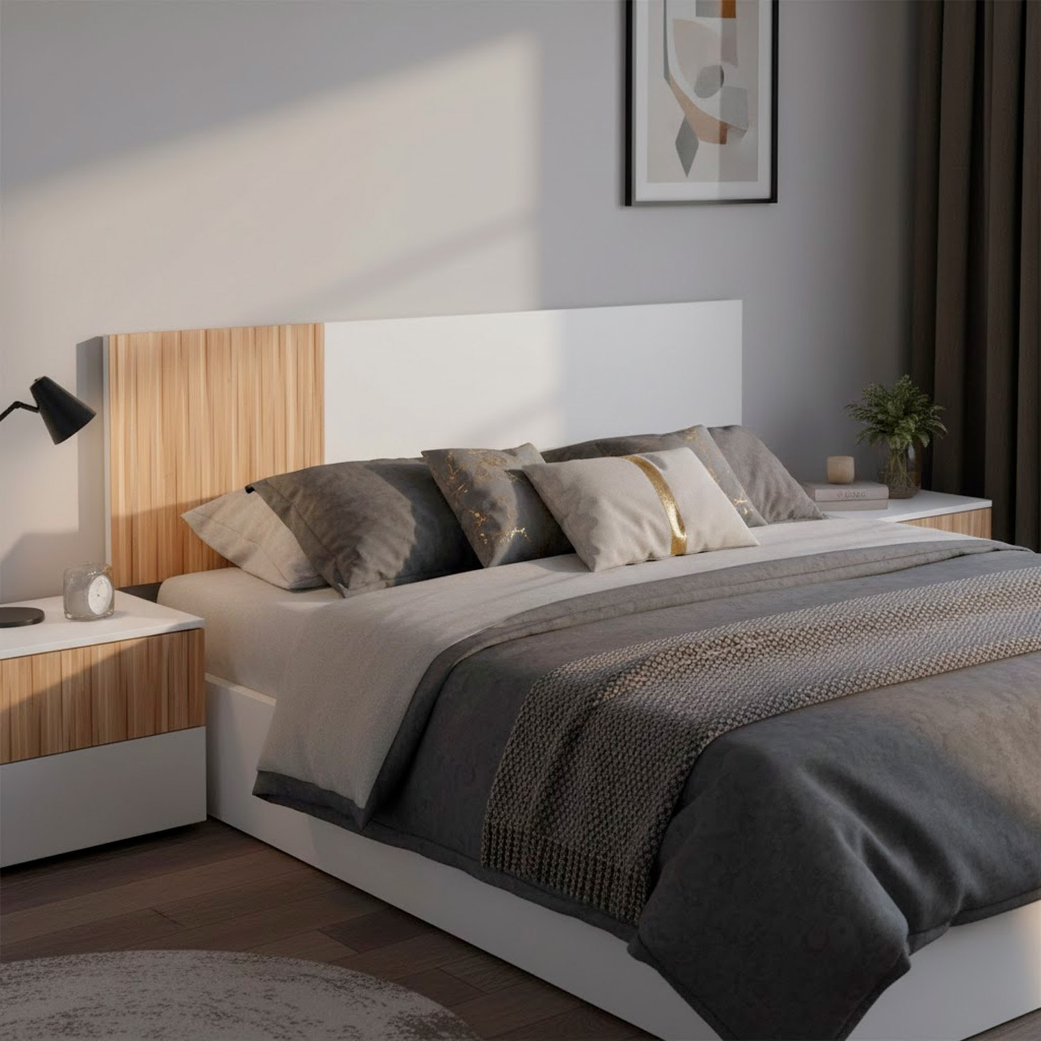 Testiera Letto Matrimoniale Da 160 Cm Con 2 Comodini A 2 Cassetti Set Camera Da Letto Moderno Con Fissaggio A Parete Design Bianco E Legno Naturale