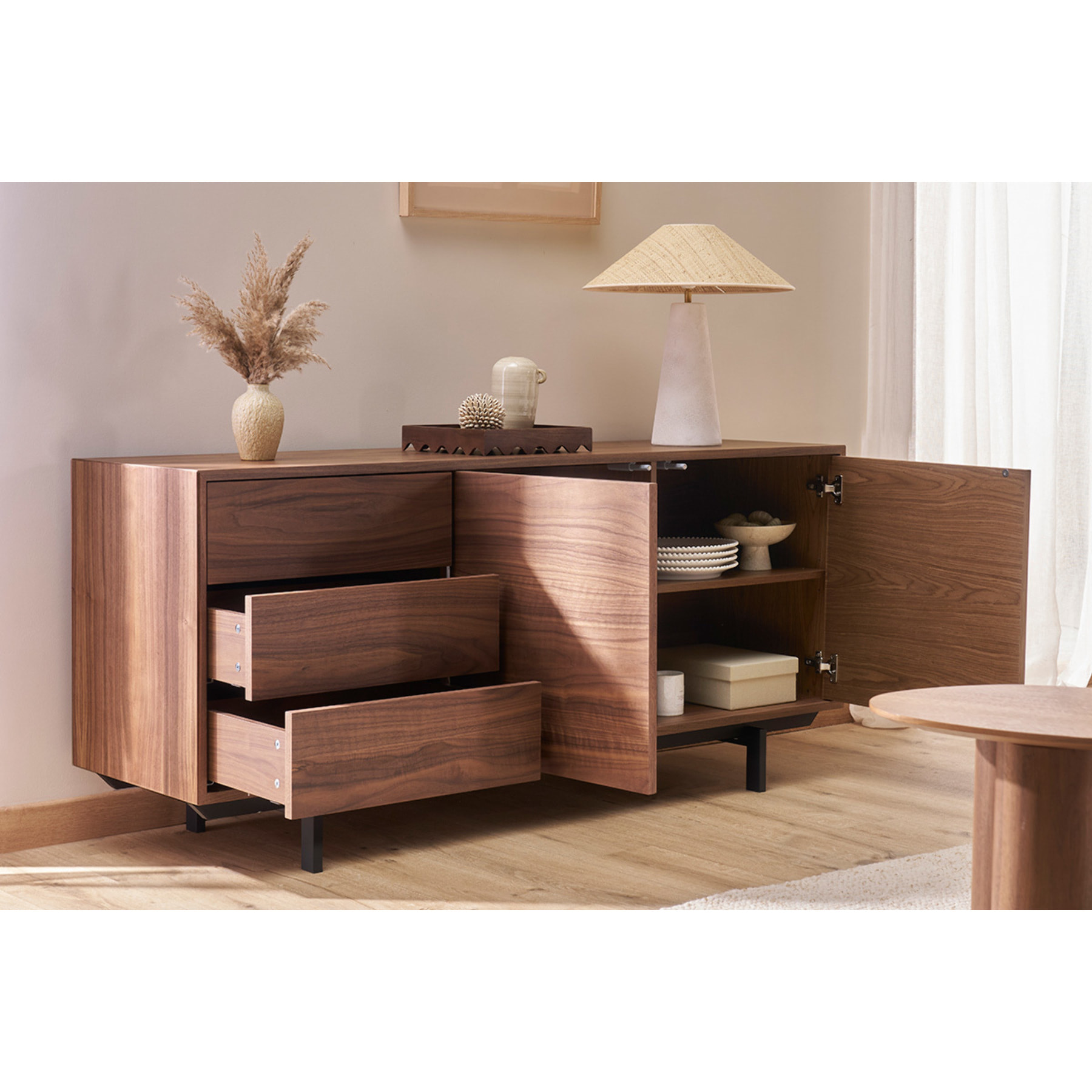 Buffet vintage en bois foncé noyer 2 portes 3 tiroirs L160 cm MANNY