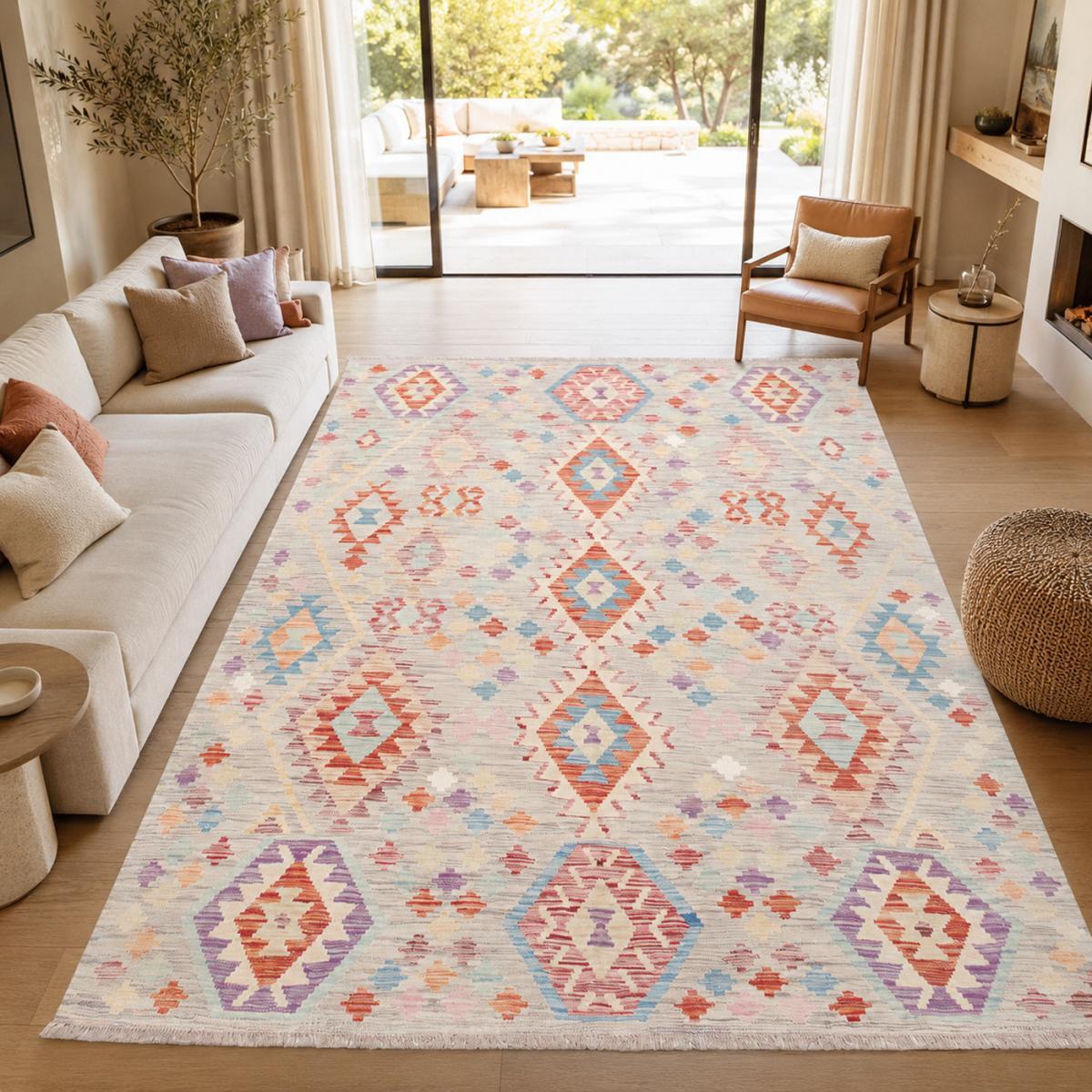 Tapis kilim au motif ethnique, tissé plat en laine, VAPIGA