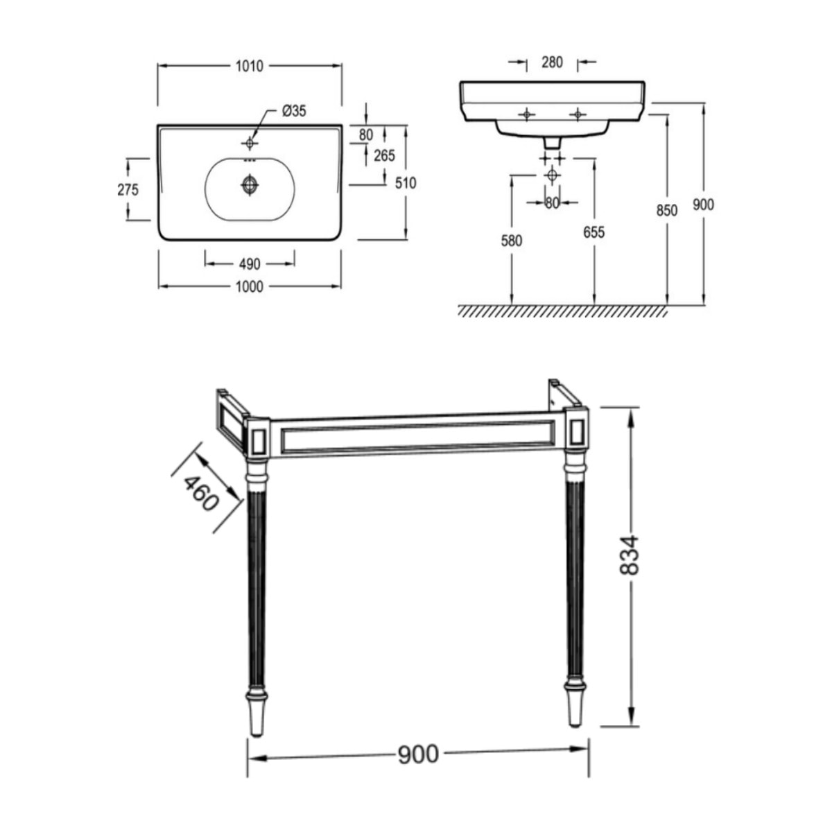 Console Cléo 1889 avec plan vasque + miroir + colonne gauche + siphon chromé