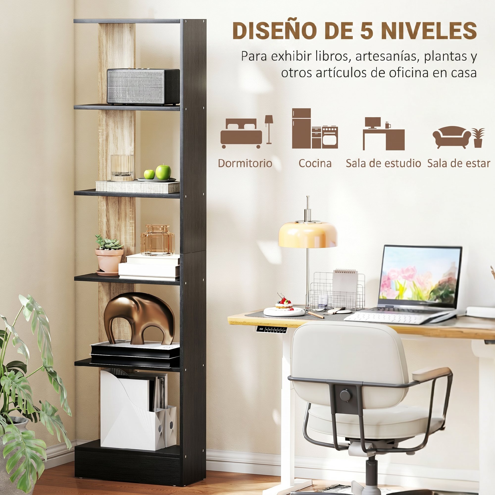 Estantería de 5 Niveles, Estantería Almacenaje, Librería Estrecha para Espacios Pequeños, Sala de Estar y Cocina, 45x21x170 cm, Negro y Roble