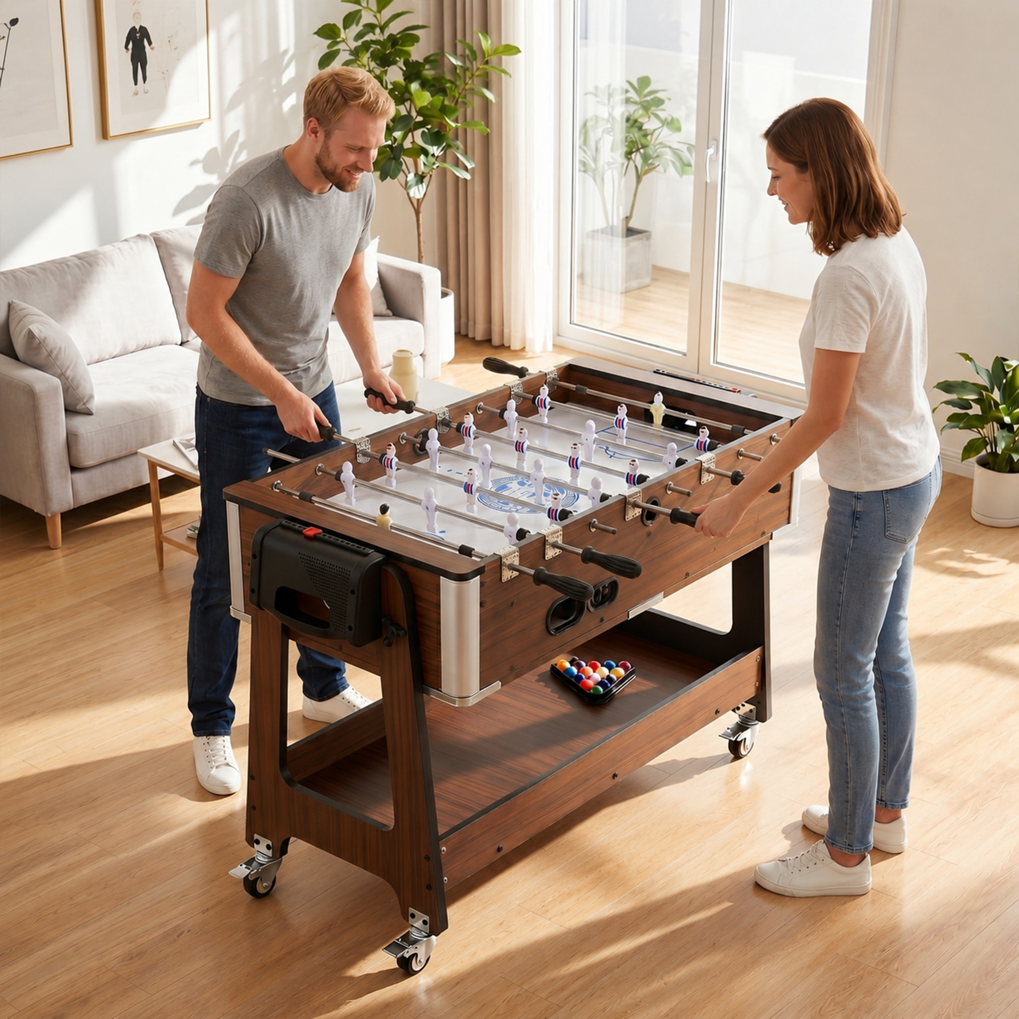 Mesa Multijuegos 3 en 1, Mesa de Juegos con 4 Ruedas con Freno, Estante de Almacenaje, Futbolines para Niños, Air Hockey, Billar y Accesorios, Diversión Familiar para Adultos y Niños, Nogal