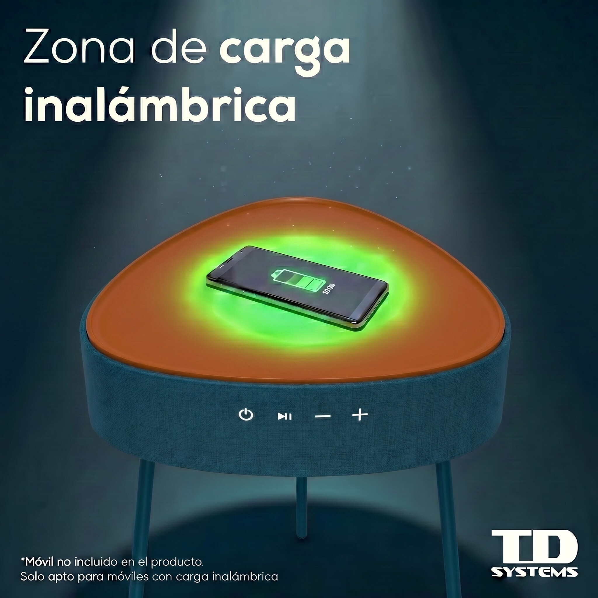 Mesa auxiliar altavoz portátil con sonido de 20W, Bluetooth, Base de carga inalámbrica, batería de 2500mAh. Mesilla o mesita para dormitorio o sala de estar - TD Systems SM20B11PN [Naranja]