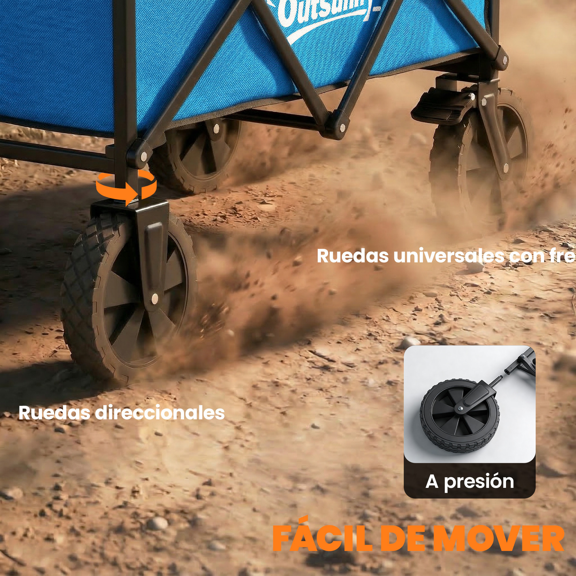 Carro Playa con Ruedas Grandes Bloqueables, Carro de Jardín Plegable con Mango Ajustable, Portavasos y Marco de Metal, Carga 80 kg, Carrito Transporte para Jardín, Campaña, Compras, Azul