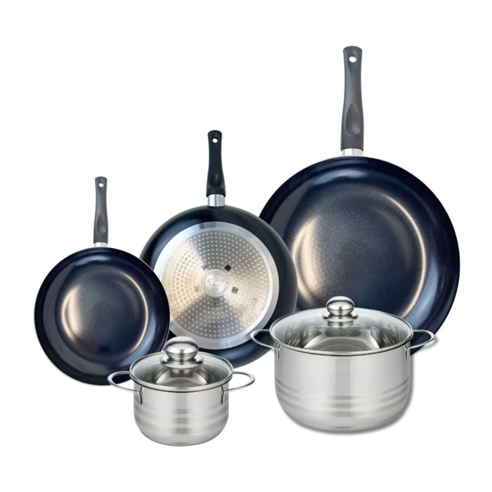 Ensemble de 3 Poêles de cuisson 20, 24 et 32 cm et 2 faitouts 14 et 20 cm Elo Prima Brillant