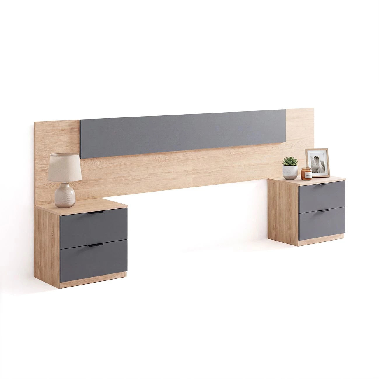 Cabecero para cama de 135-150 cm y 2 mesitas con cajones en roble canadian y gris grafito Akari Roble Canadian - Gris Grafito