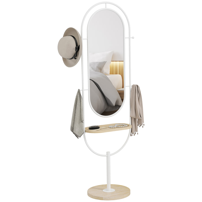 Espejo de Cuerpo Entero 175,5x50 cm Espejo de Pie con Bandeja de Madera 4 Ganchos y Marco de Metal para Salón Dormitorio Blanco
