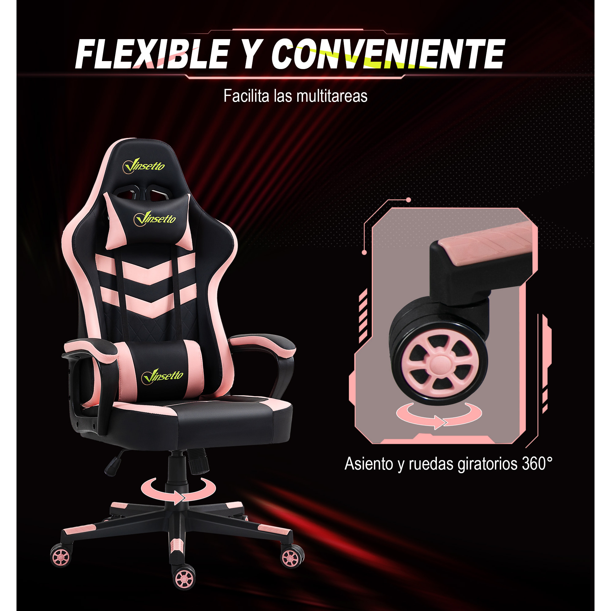 Silla Gaming Silla Gamer Basculante con Altura Ajustable Giratoria Reposacabezas y Lumbar Desmontable Silla de Oficina Estudio Rosa