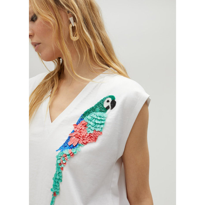 Maglietta dettaglio pappagallo multicolore