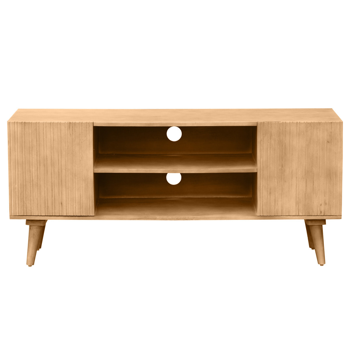 Meuble TV en bois clair manguier massif gravé 2 portes L135 cm RUBIA