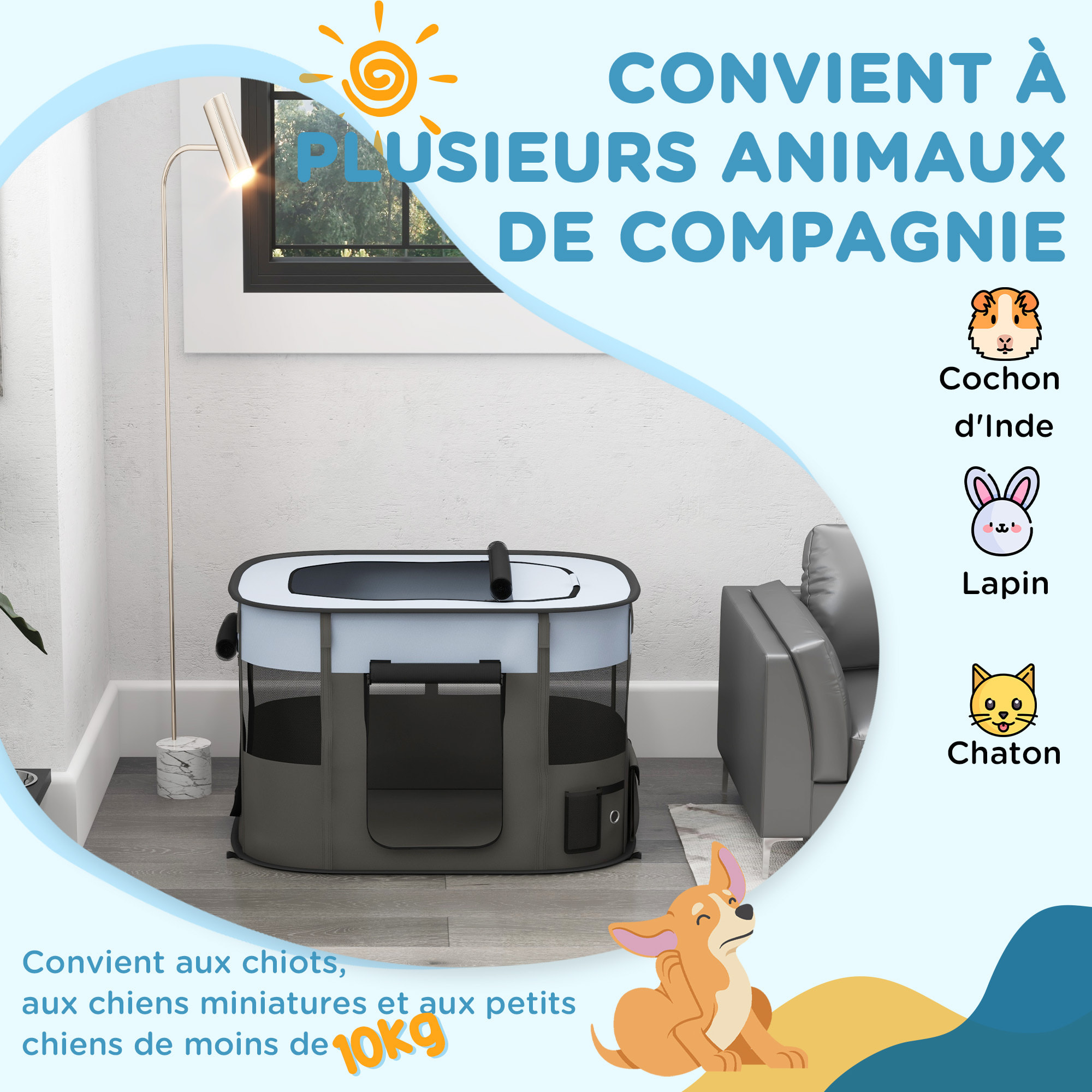 Parc pour chien pliable dim. 94L x 74l x 60H cm tissu Oxford gris noir