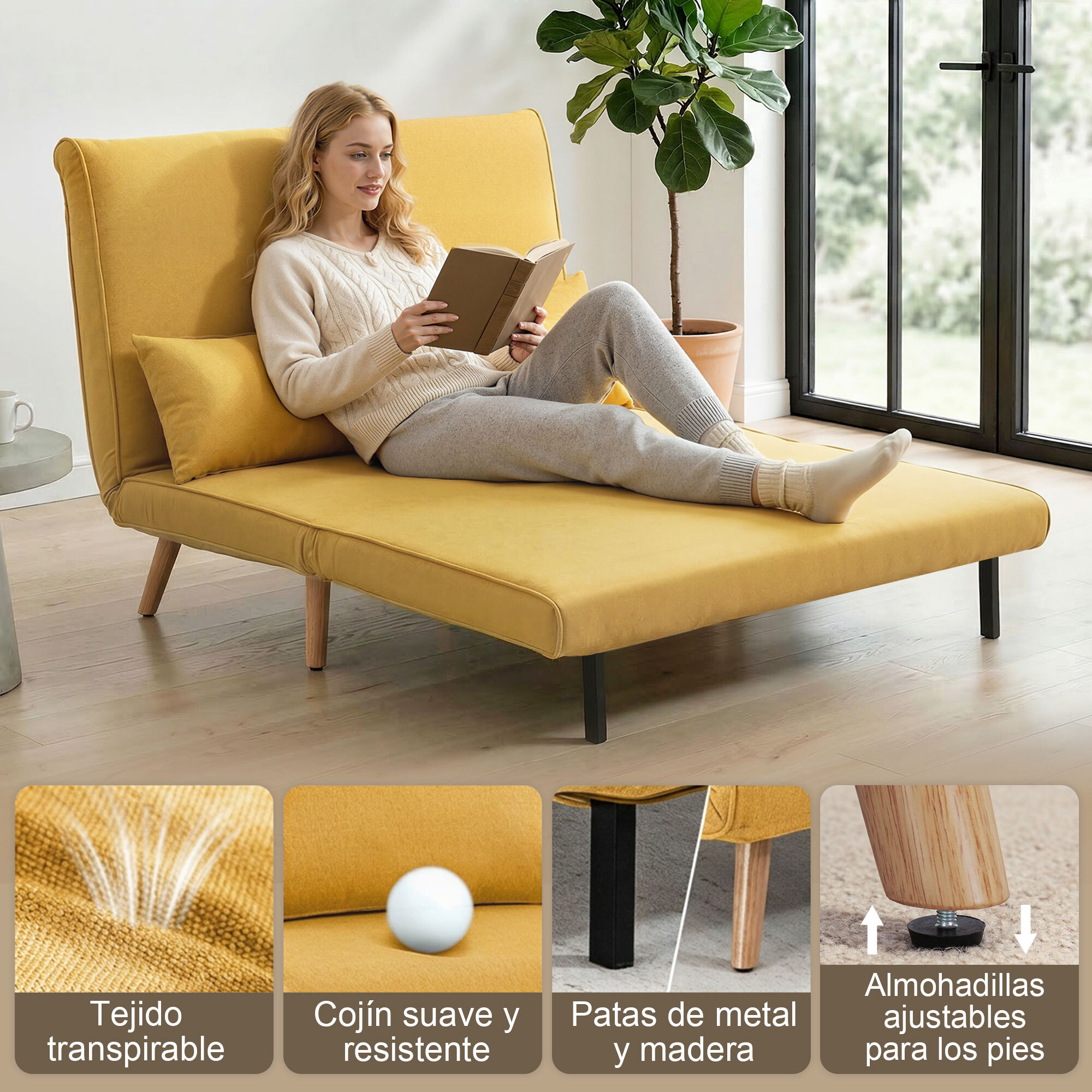 Sofá Cama de 2 Plazas Plegable 3 en 1, Sofá Cama, Tapizado en Lino, con Respaldo Ajustable 5 Posiciones, 2 Almohadas, para Dormitorio, Salón, Amarillo