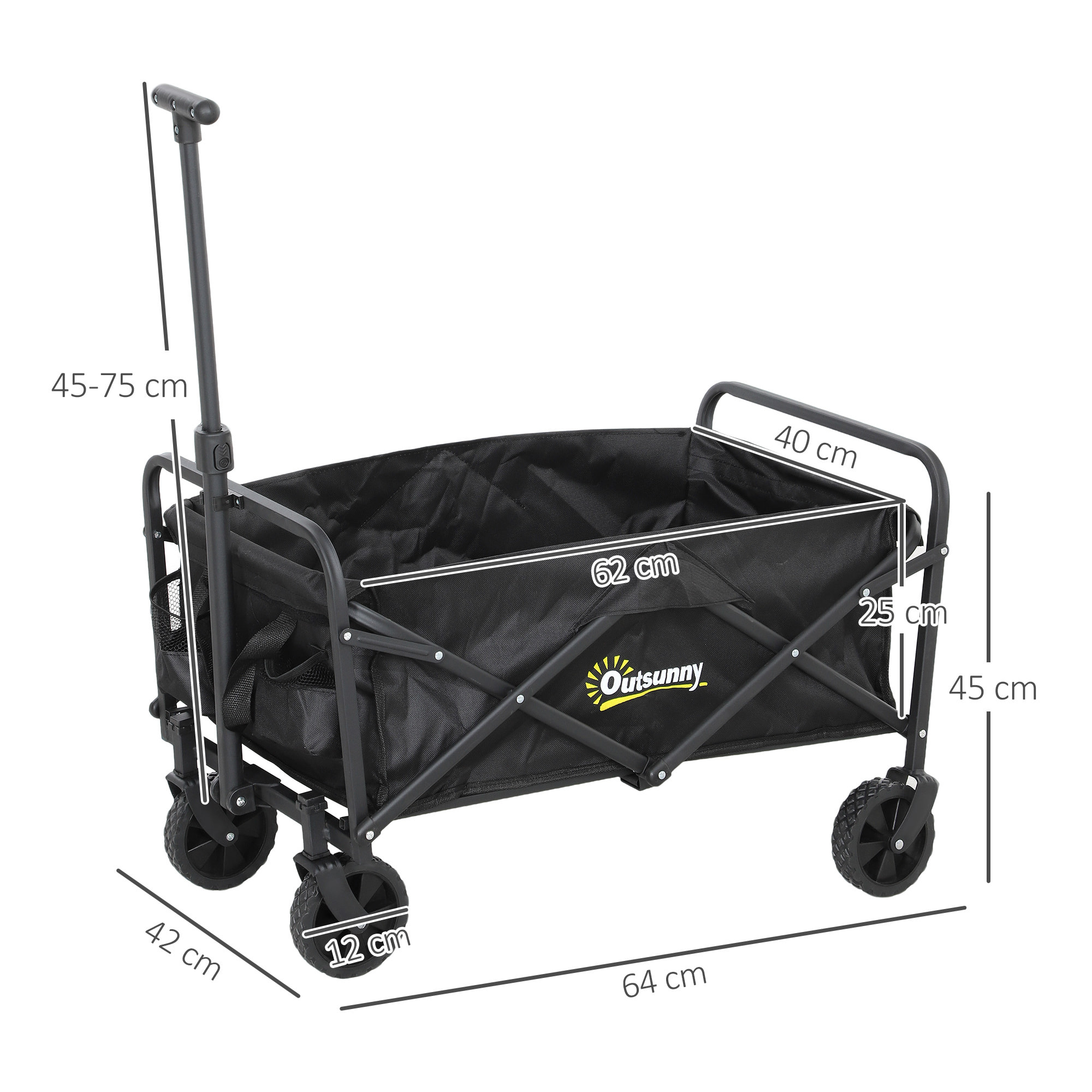Carro Playa con Ruedas Carro de Jardín Plegable con Asa Telescópica Ajustable 2 Bolsas de Almacenaje Carga 120 kg Carrito Transporte para Todo Terreno Jardín Campaña Compra Negro