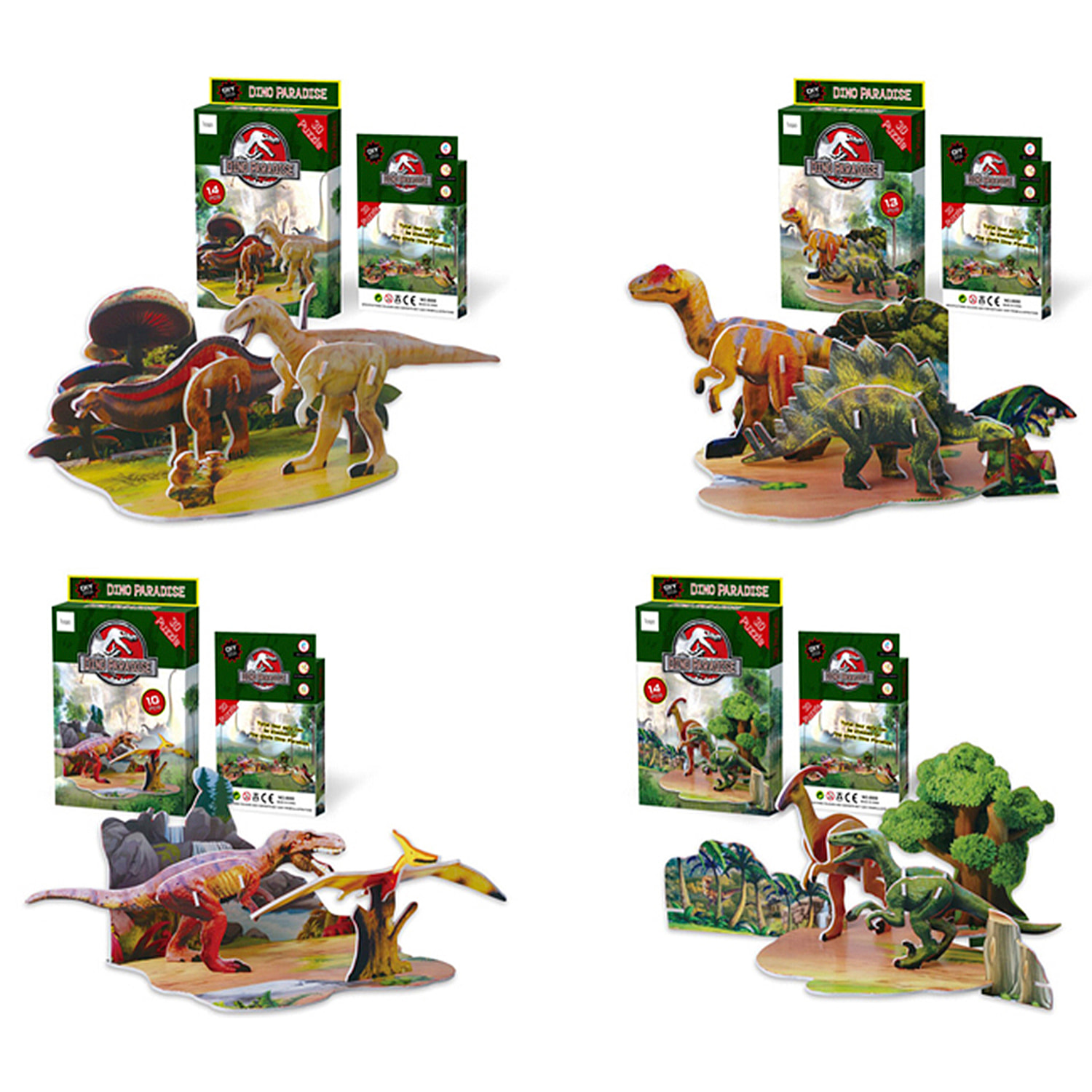 Pack de 4 puzles 3D de diferentes dinosaurios. Con un total de 51 piezas.