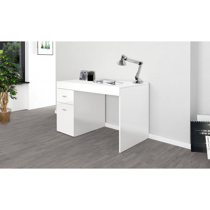 Scrivania per ufficio con cassettiera e piano contenitore, Made in Italy, Tavolo da computer, Scrittoio porta PC, cm 100x60h75, colore Bianco lucido Larice