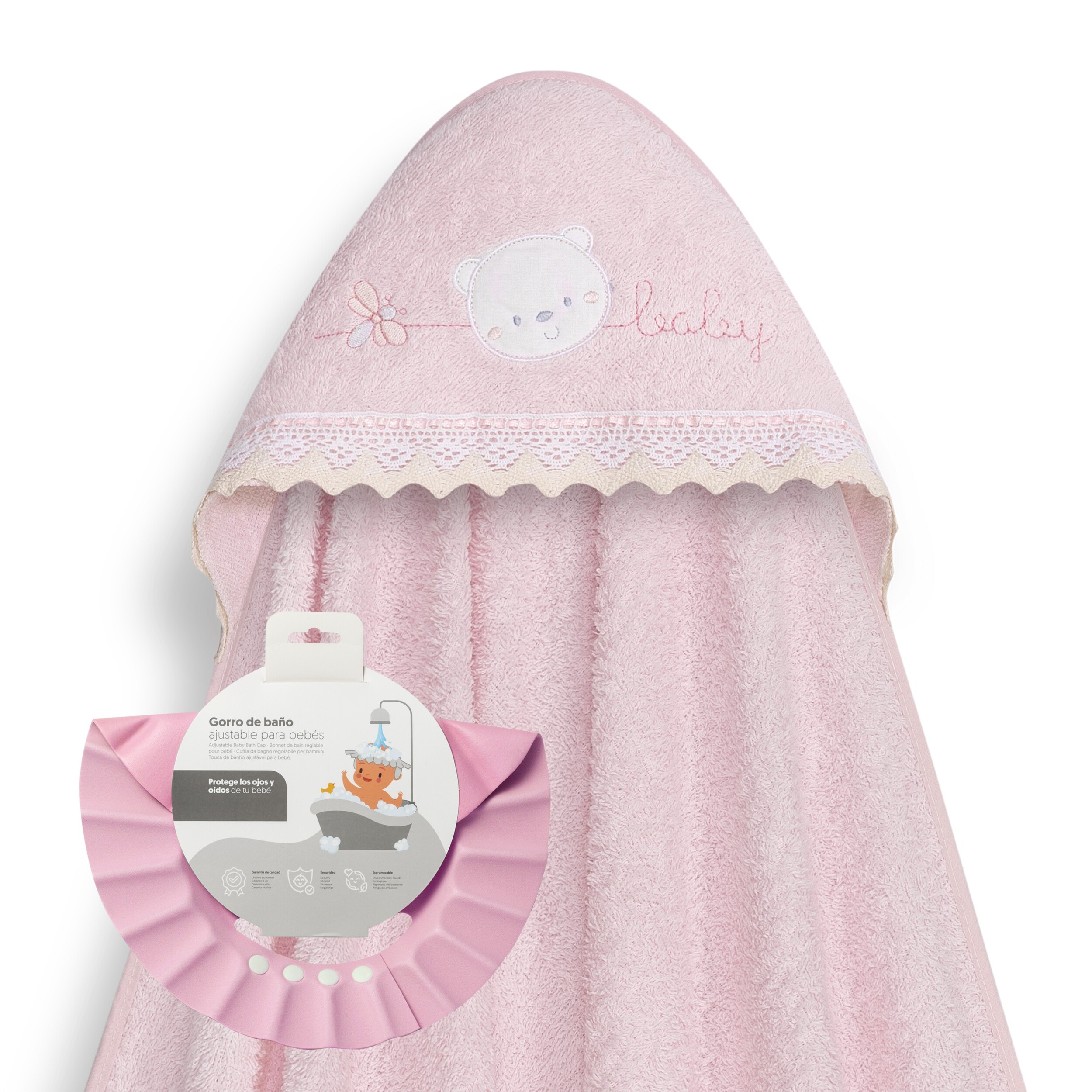 Capa Baño 1X1 Mod Carita Oso Baby Guipur+ Gorro Rosa