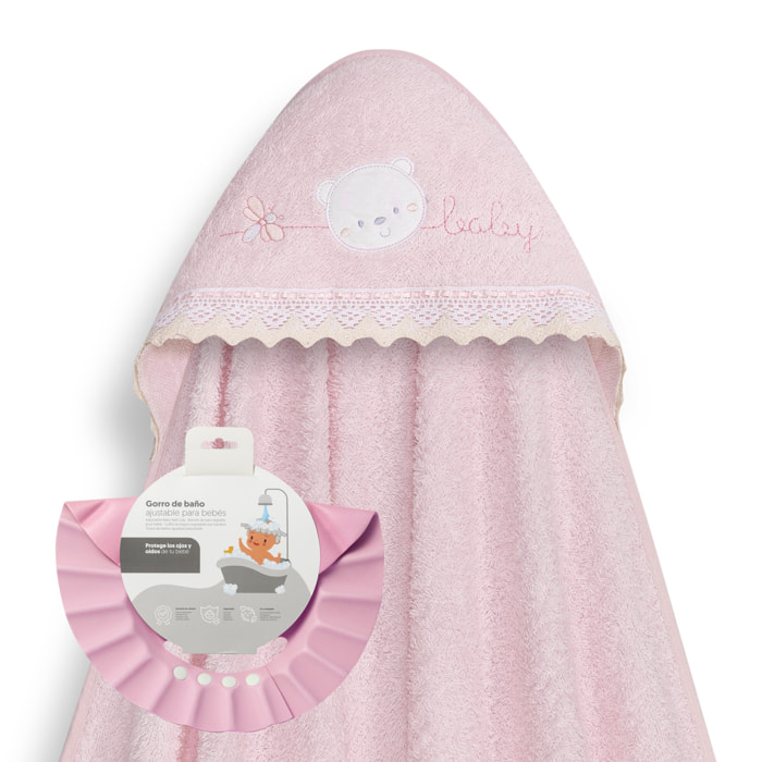 Capa Baño 1X1 Mod Carita Oso Baby Guipur+ Gorro Rosa