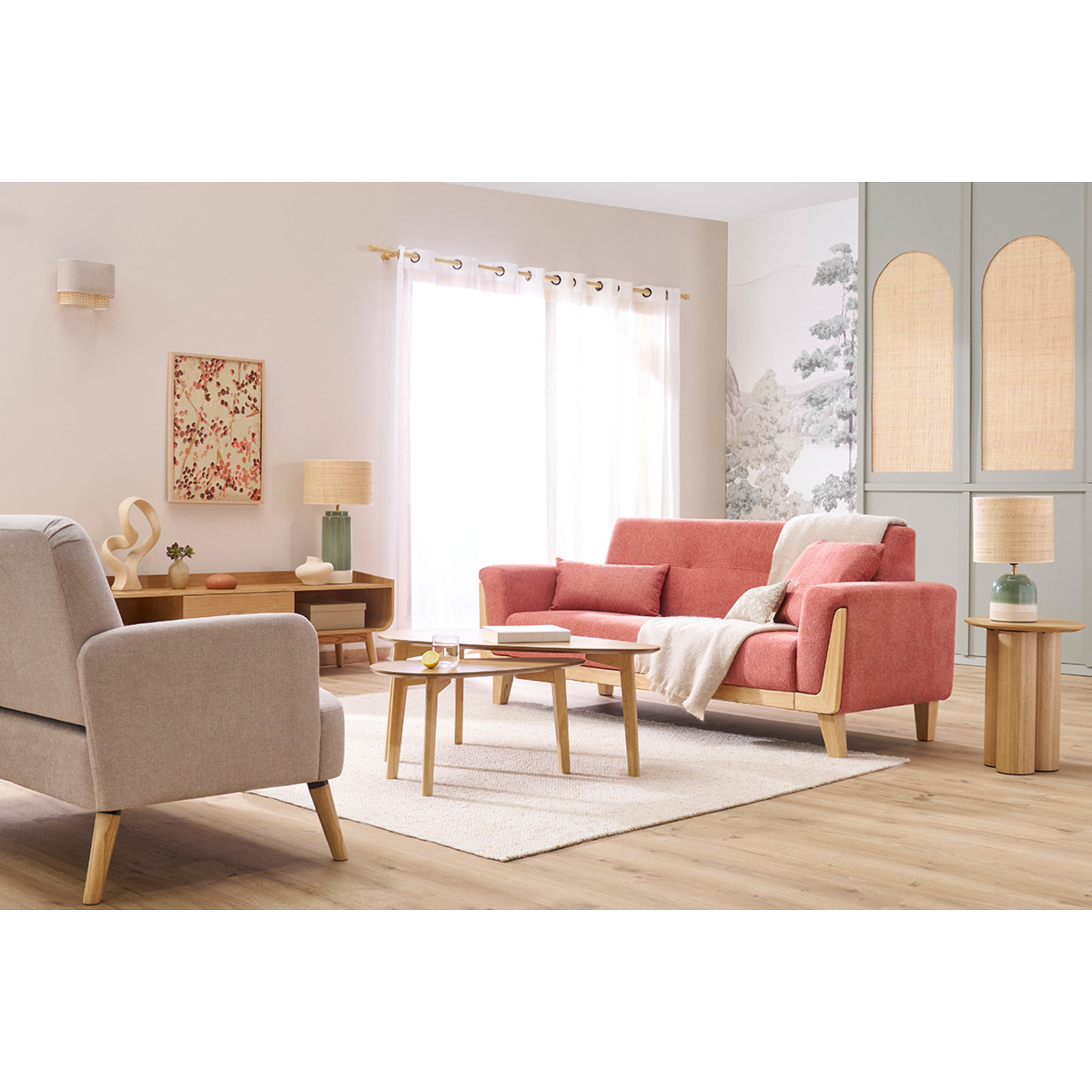 Canapé scandinave 3 places en tissu effet velours texturé terracotta et bois clair FJORD