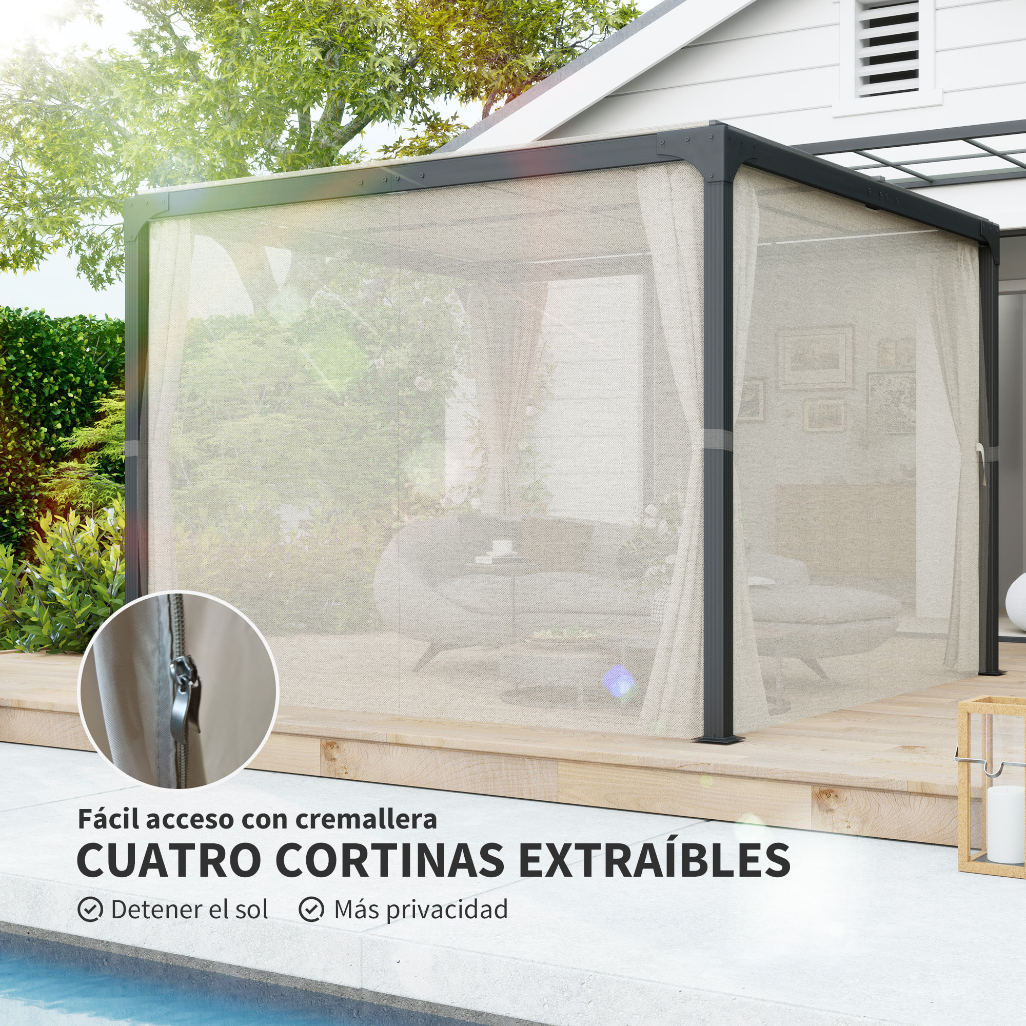 Pérgola de Aluminio 4,2x3 m Cenador de Jardín Gazebo con Techo Corredizo 4 Paredes Laterales y Orificios de Drenaje Pabellón para Patio Terraza Beige y Negro