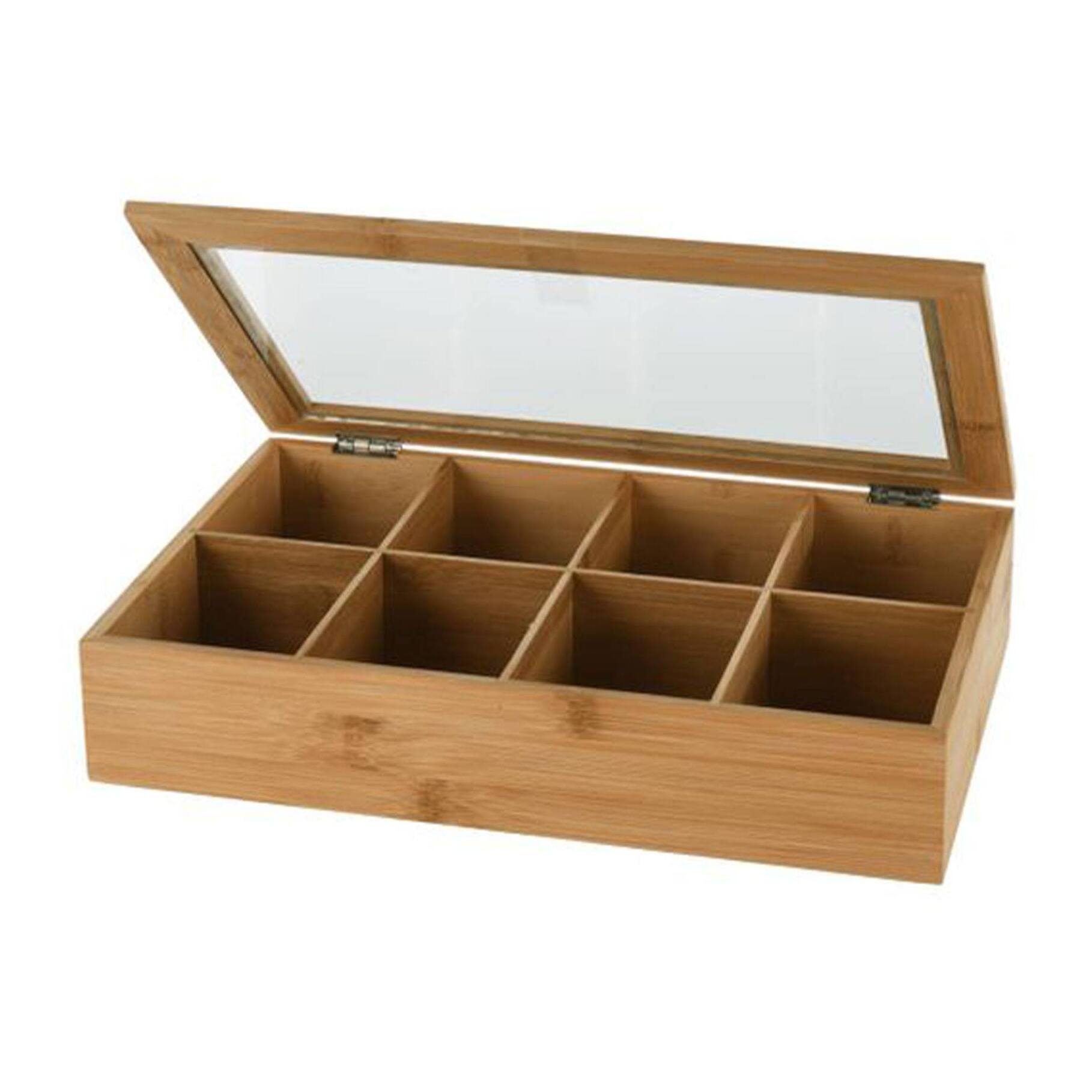 organizador de té de bambú con 8 compartimentos y diseño de aspecto natural