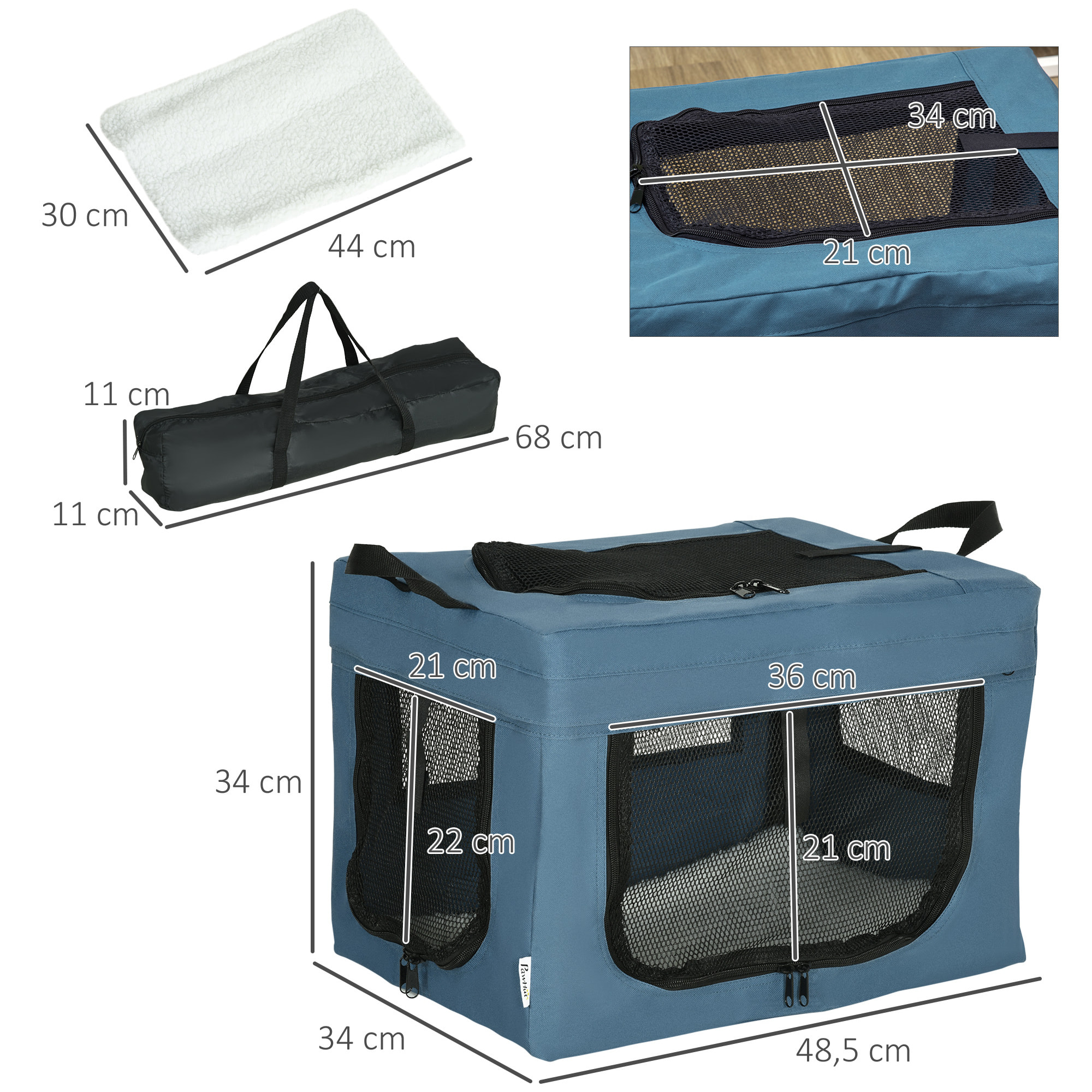 Transportín Mochila para Perros y Gatos Bolsa para Mascotas Transportador para Perros con 3 Puertas y Cojín Suave 48,5x34x34 cm Azul