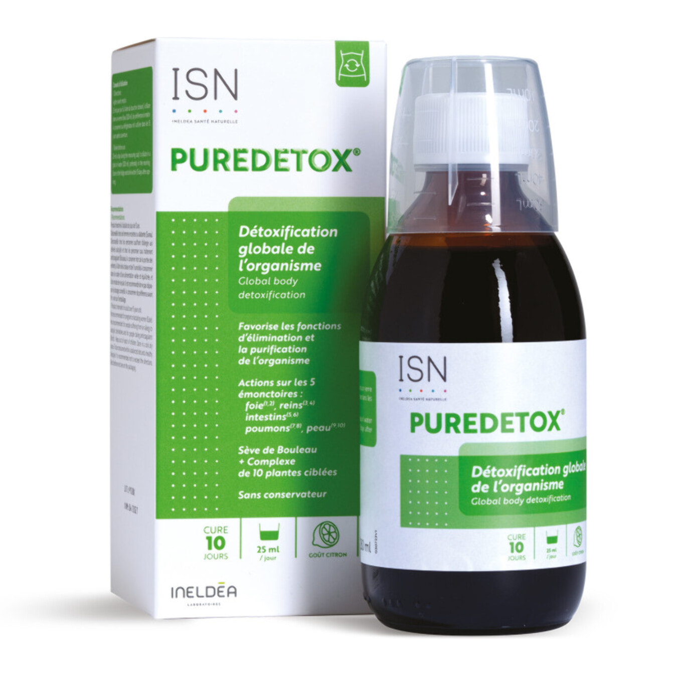 ISN - Puredetox - Elimination des toxines - Action globale et ciblée sur les 5 émonctoires - Sans Sucre - Sans Gluten - Cure 10 jours - Lot de 2