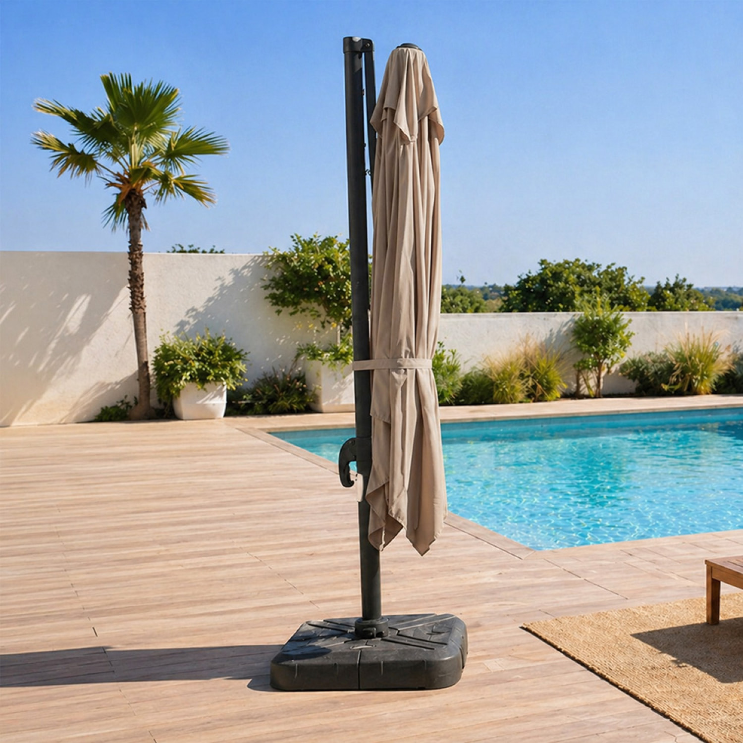 Parasol carré 3x3 déporté rotatif taupe en aluminium RAFAELA