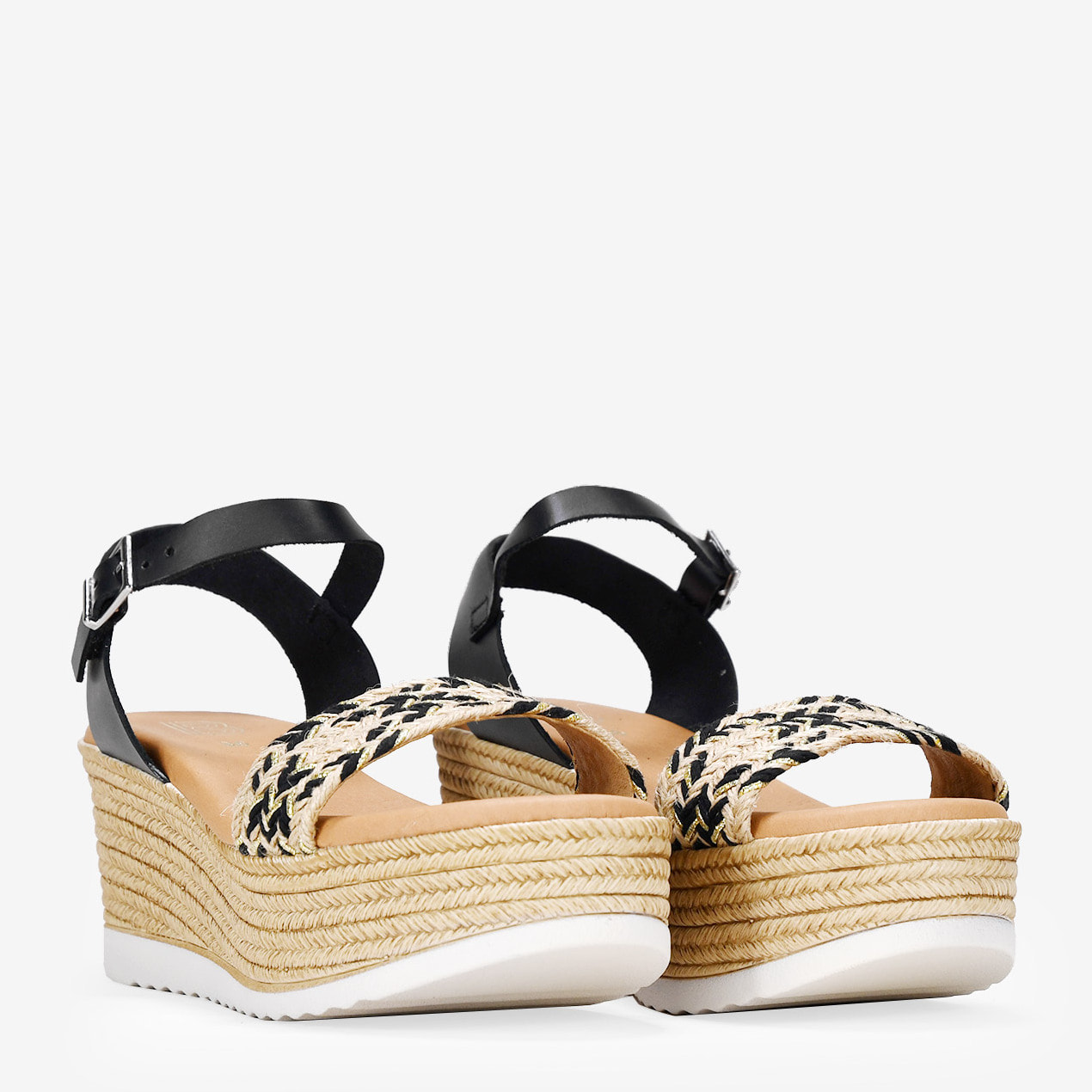 Sandalias de piel negras con cuña efecto de esparto