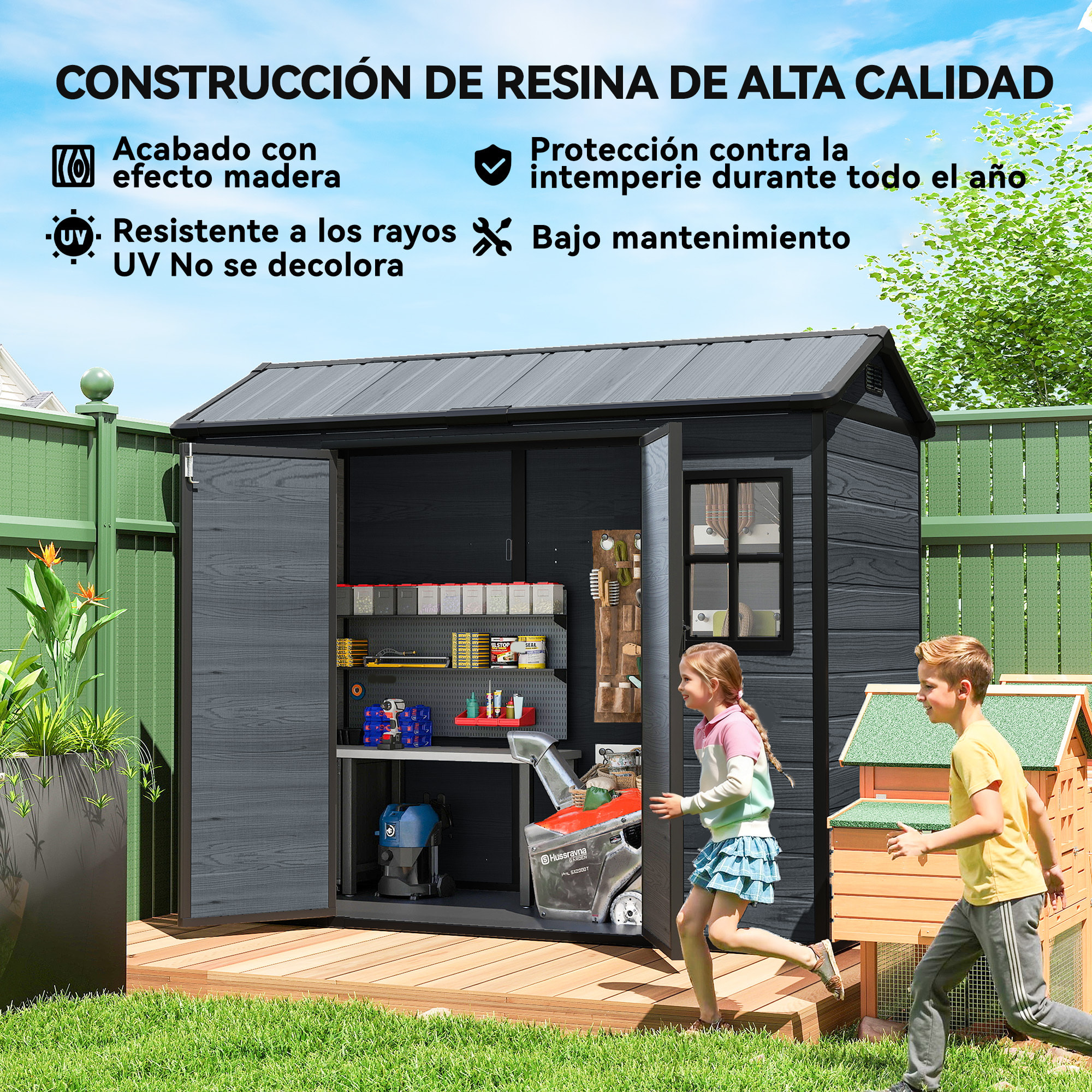 Caseta de Jardín Exterior 2,77 m², 244x131x201 cm, Cobertizo de Jardín Exterior de Plástico con Suelo, Puertas con Pestillo, Ventanas y Ventilación para Almacenaje Herramientas, Gris Oscuro