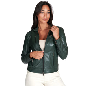 Giacca biker in pelle naturale verde effetto liscio