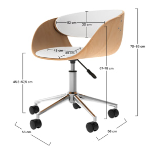 Chaise de bureau pivotante sur roulettes en bois et PU blanc - Adelmar