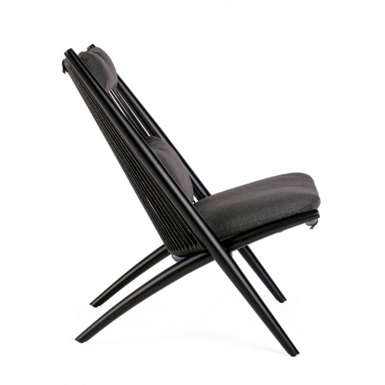 Set di 4 poltrone ALOHA in alluminio nero e intreccio di corda nero, con cuscini