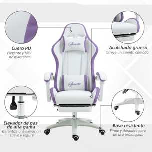 Silla Gaming Ergonómica, Silla Gamer de Cuero PU con Reclinable 135°, Soporte Lumbar, Altura Ajustable, Reposacabezas y Reposapiés Retráctil, para Oficina, Estudio, Blanco y Violeta