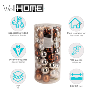 set de 100 bolas de navidad color ámbar pet con diferentes diseños y acabados