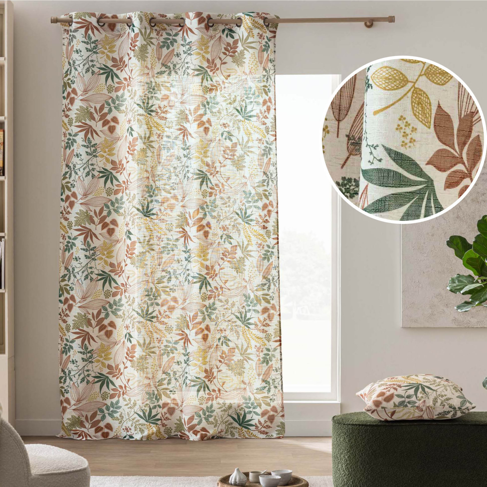 Rideau à œillets polylin imprimé feuilles tamisant - Orange
