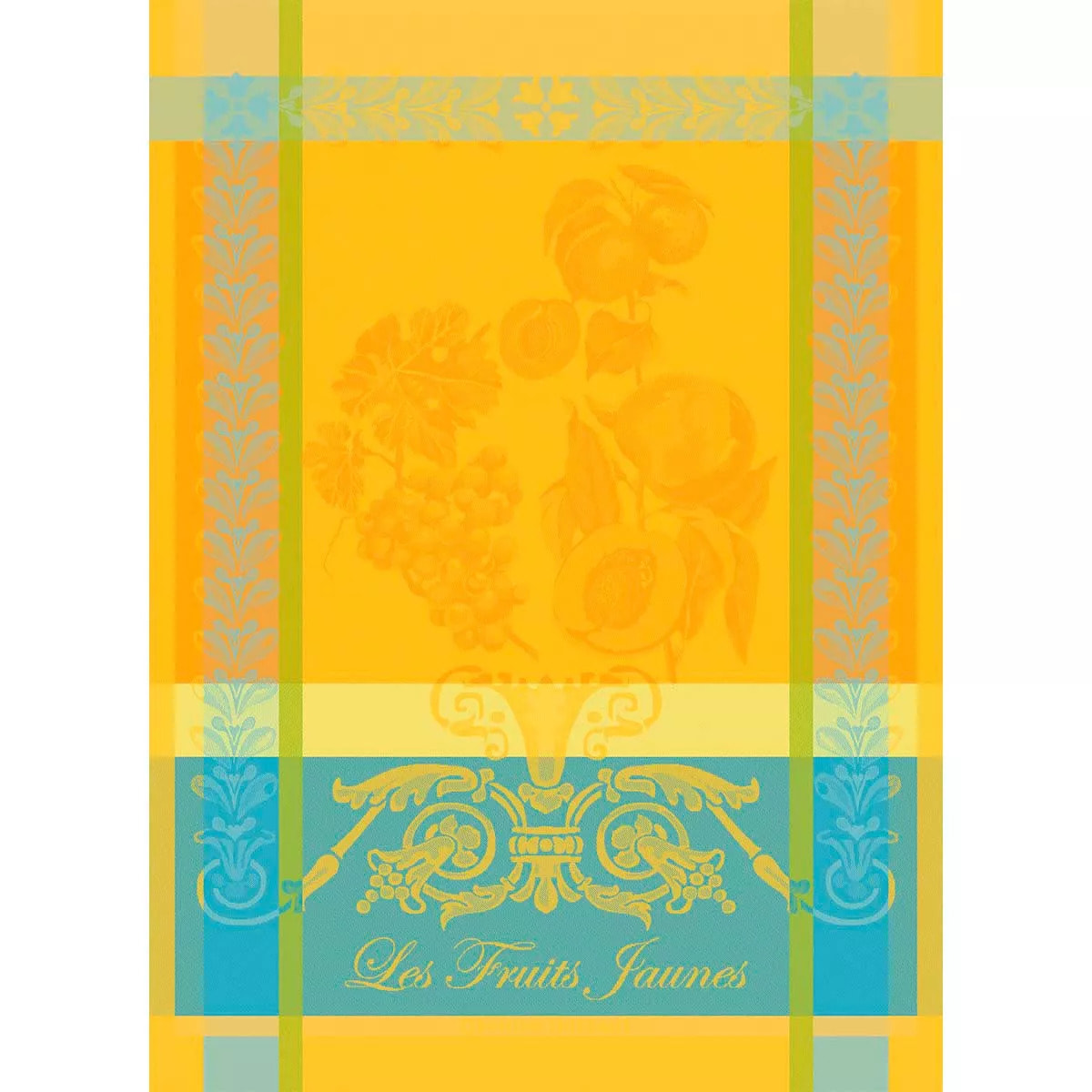 Torchon pur coton motif jacquard bleu jaune Les fruits jaunes soleil