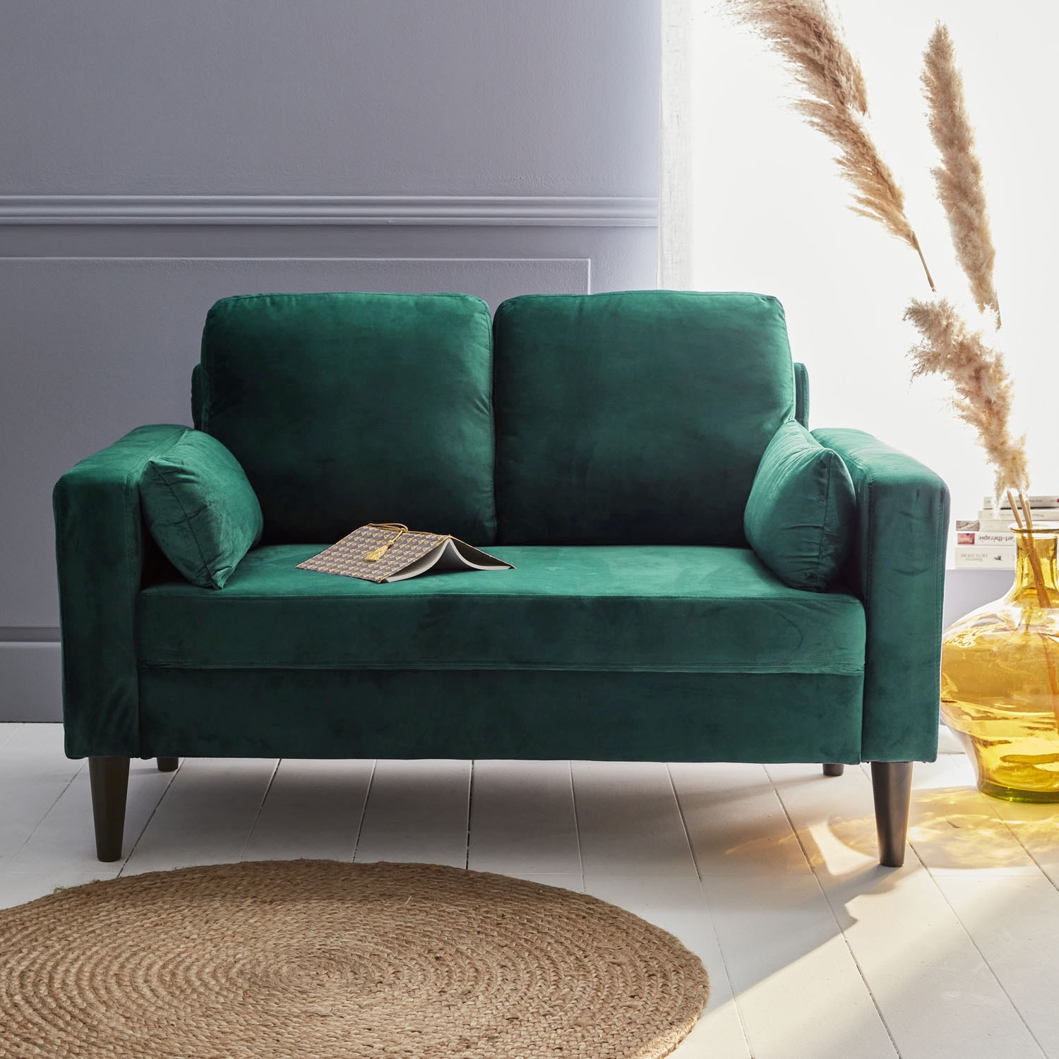 Canapé 2 places vintage bois d'eucaluptys, d'hévéa et velours BJORN