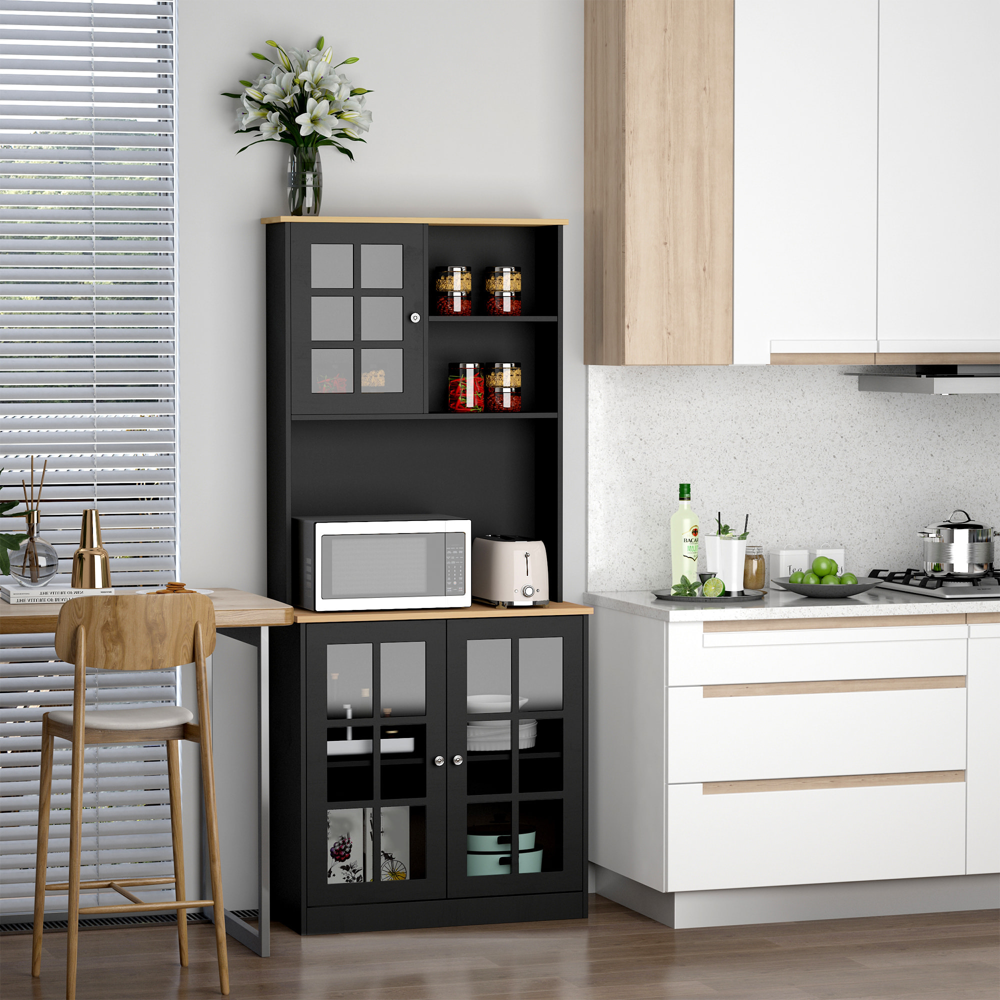 Armoire de cuisine multi-rangements 3 portes vitrine verre avec étagère 2 niches grand plateau MDF noir chêne