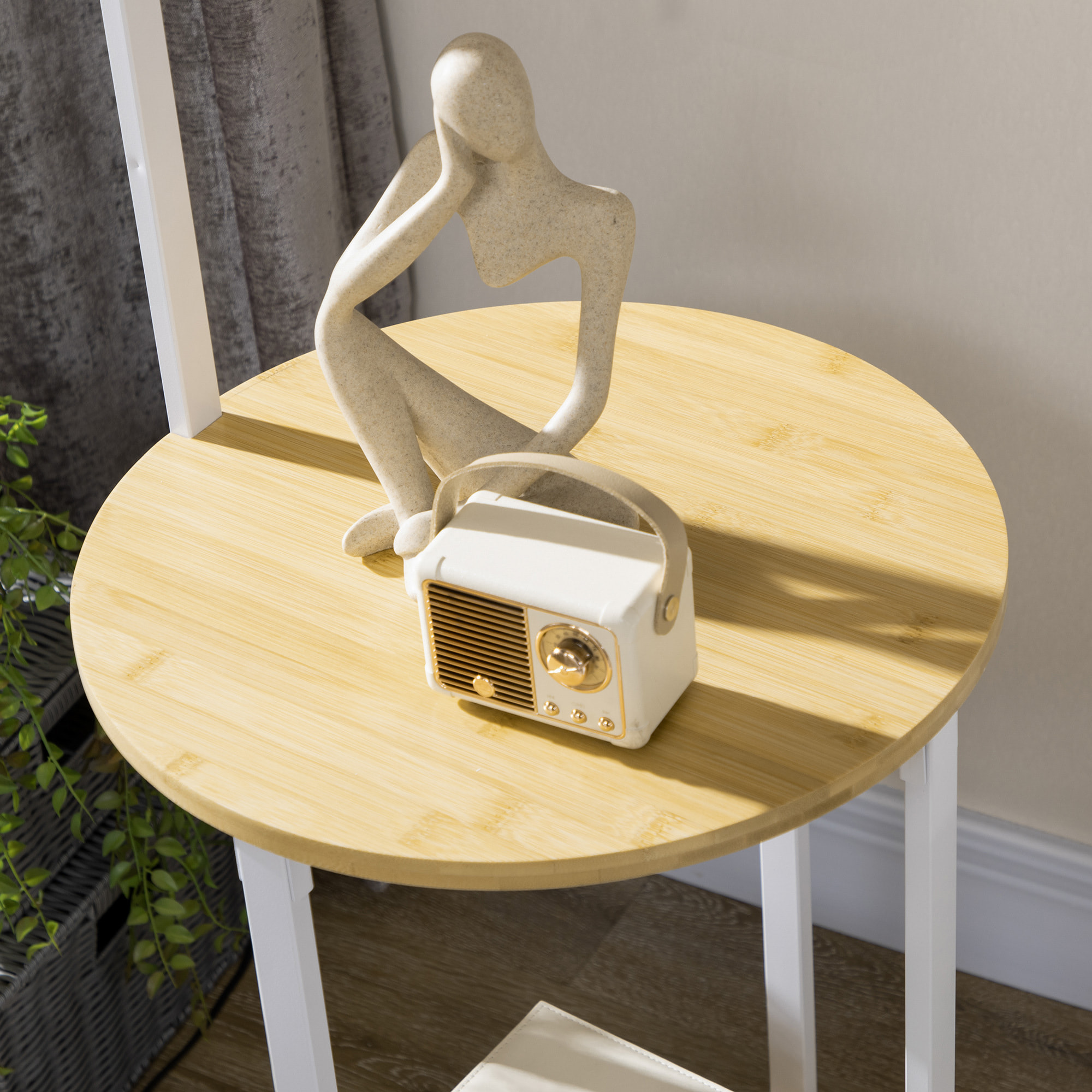 Lampadaire étagères design dim. Ø 37 x 162H cm 40 W max. bois bambou verni métal abat-jour tissu blanc
