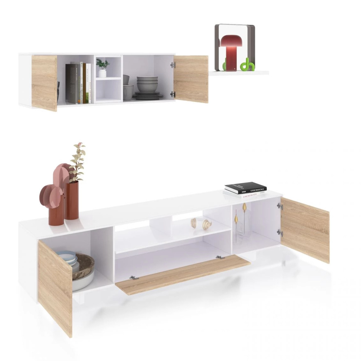 Salón con mueble de TV y estantería en blanco brillo y roble canadian 200 cm Kenzo Blanco Brillo - Roble Canadian