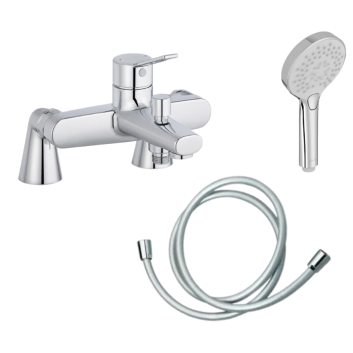 Mitigeur baignoire Eo + pommeau de douche Metro + flexible de douche lisse + colonnettes