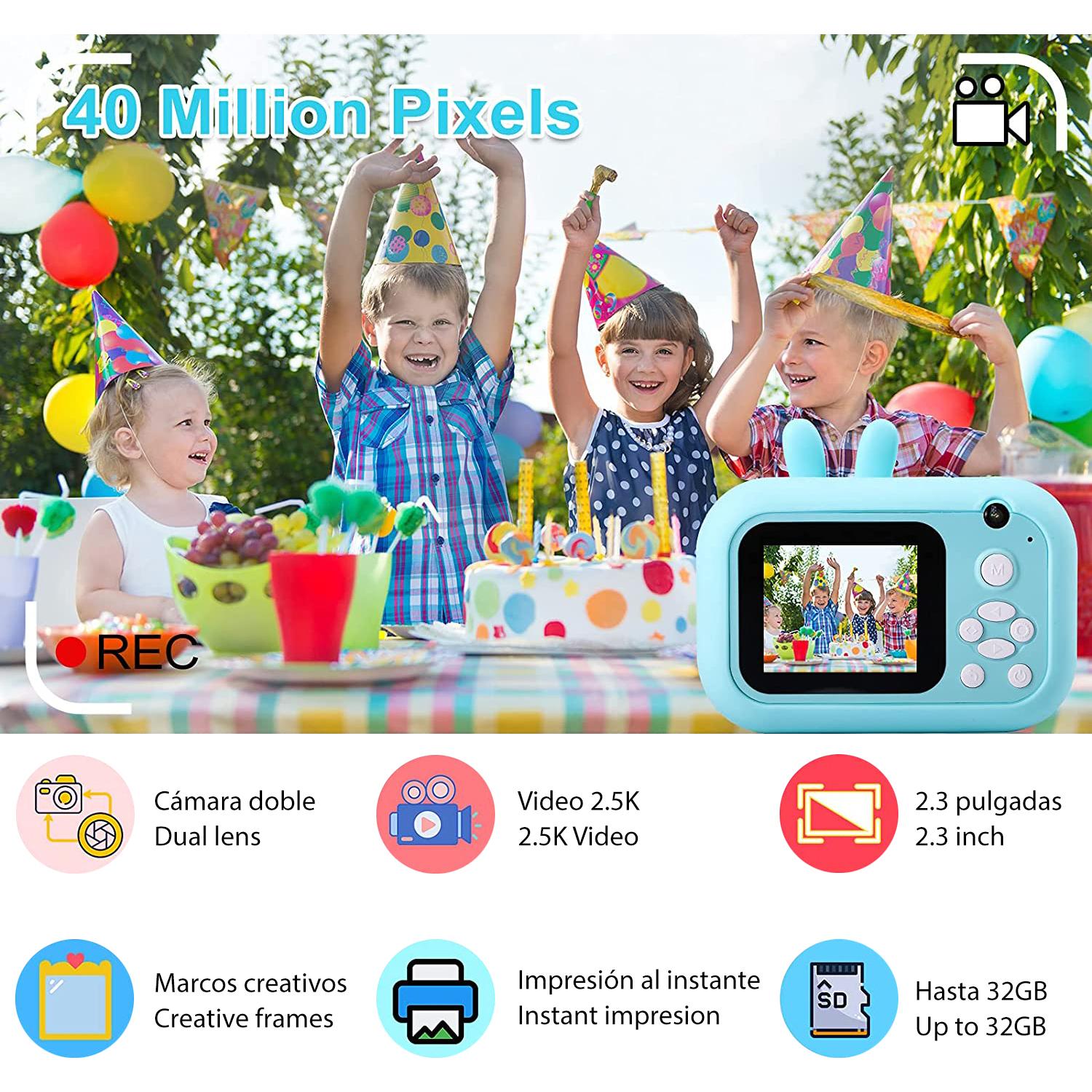 Cámara Ciervo digital de fotos 40mpx y video 2,5K para niños. Impresión instantánea de tus fotos preferidas. Doble cámara, para selfies.