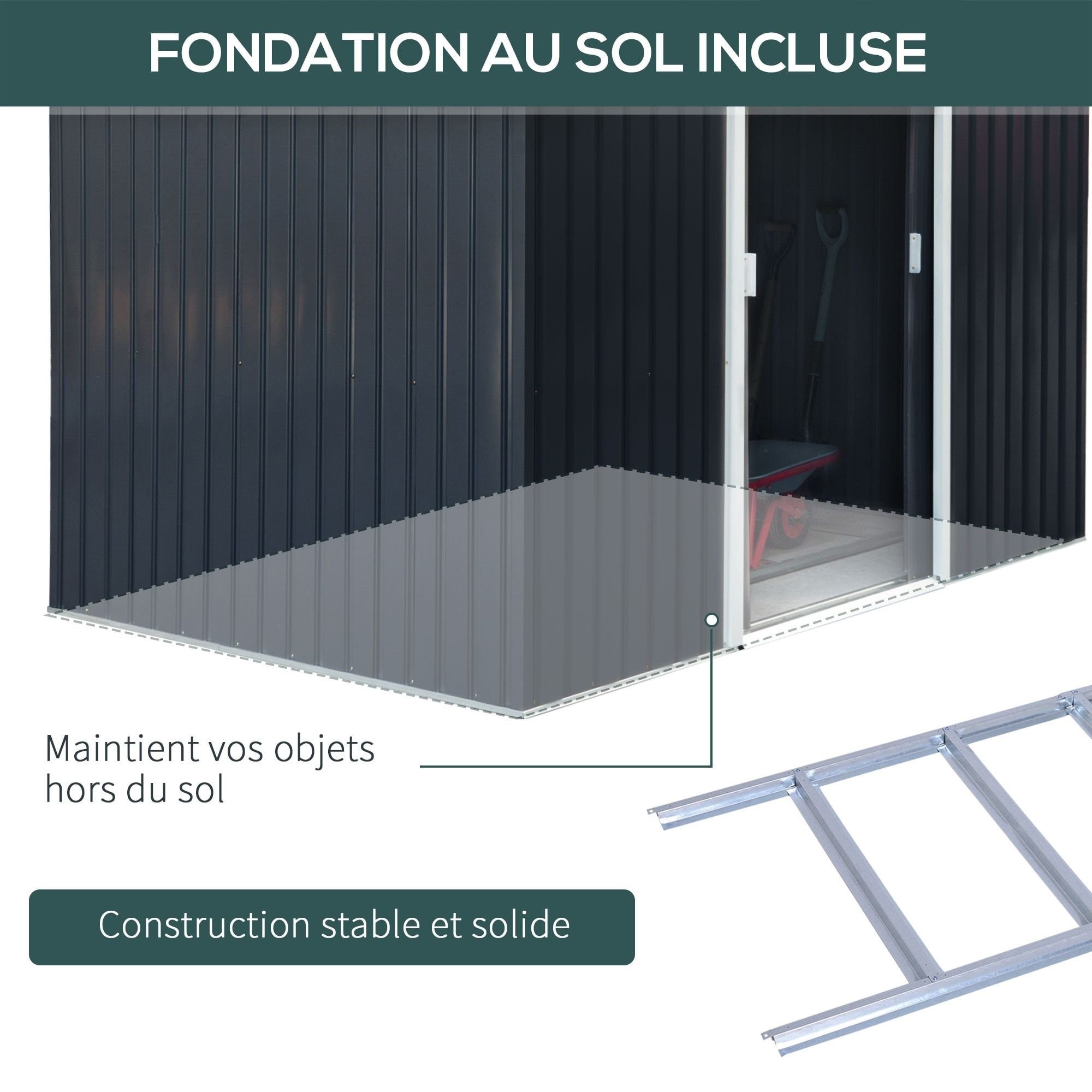 Abri de jardin - remise pour outils - cabanon double porte coulissante - fondation incluse - dim. 277L x 191l x 192H cm - tôle d'acier ondulée anthracite