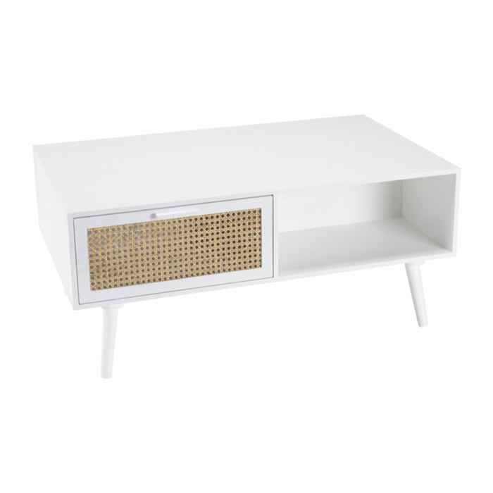 SANDRO - Table basse blanche 2 tiroirs 1 niche cannage naturel