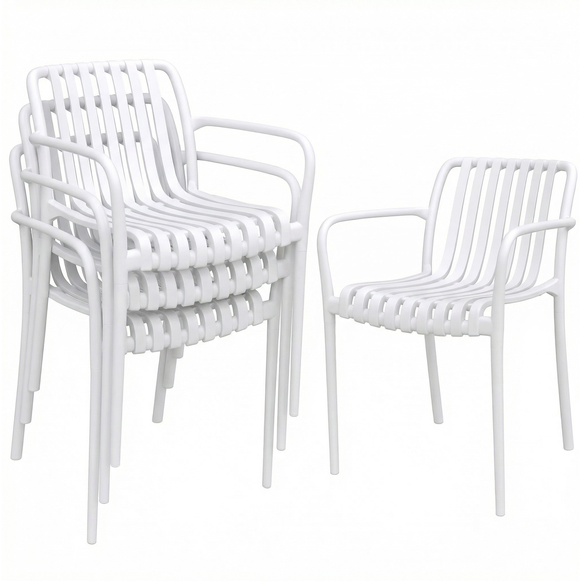 Juego de 4 Sillas de Jardín Exterior Apilables, Sillas Terraza Exterior de PP con Respaldo Curvado, Asiento de Listones, Reposabrazos, 55x58,5x81,5 cm, Blanco